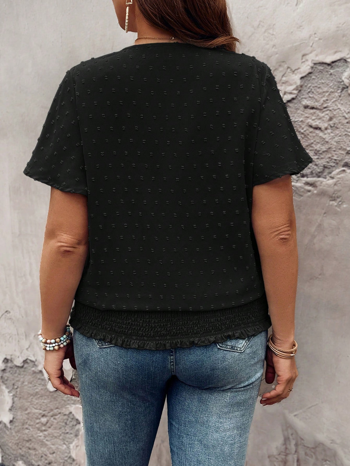 LUNE Lace Decorated Round Neck Loose Fit Shirt With Elastic Bottom Hem Short Sleeves, Plus Size