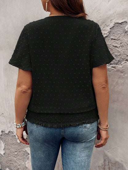 LUNE Lace Decorated Round Neck Loose Fit Shirt With Elastic Bottom Hem Short Sleeves, Plus Size