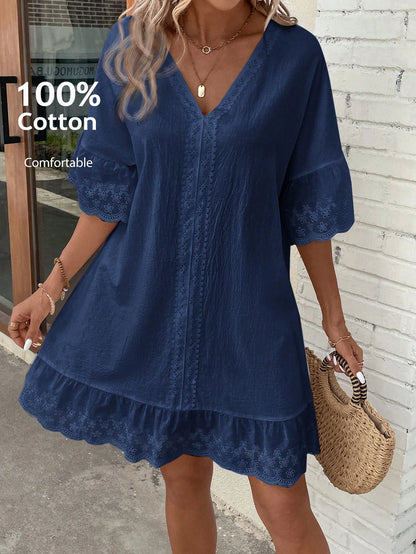 LUNE Lace Splice V-Neck Ruffle Trim Decor Summer Casual Dress, Summer Dresses For Women