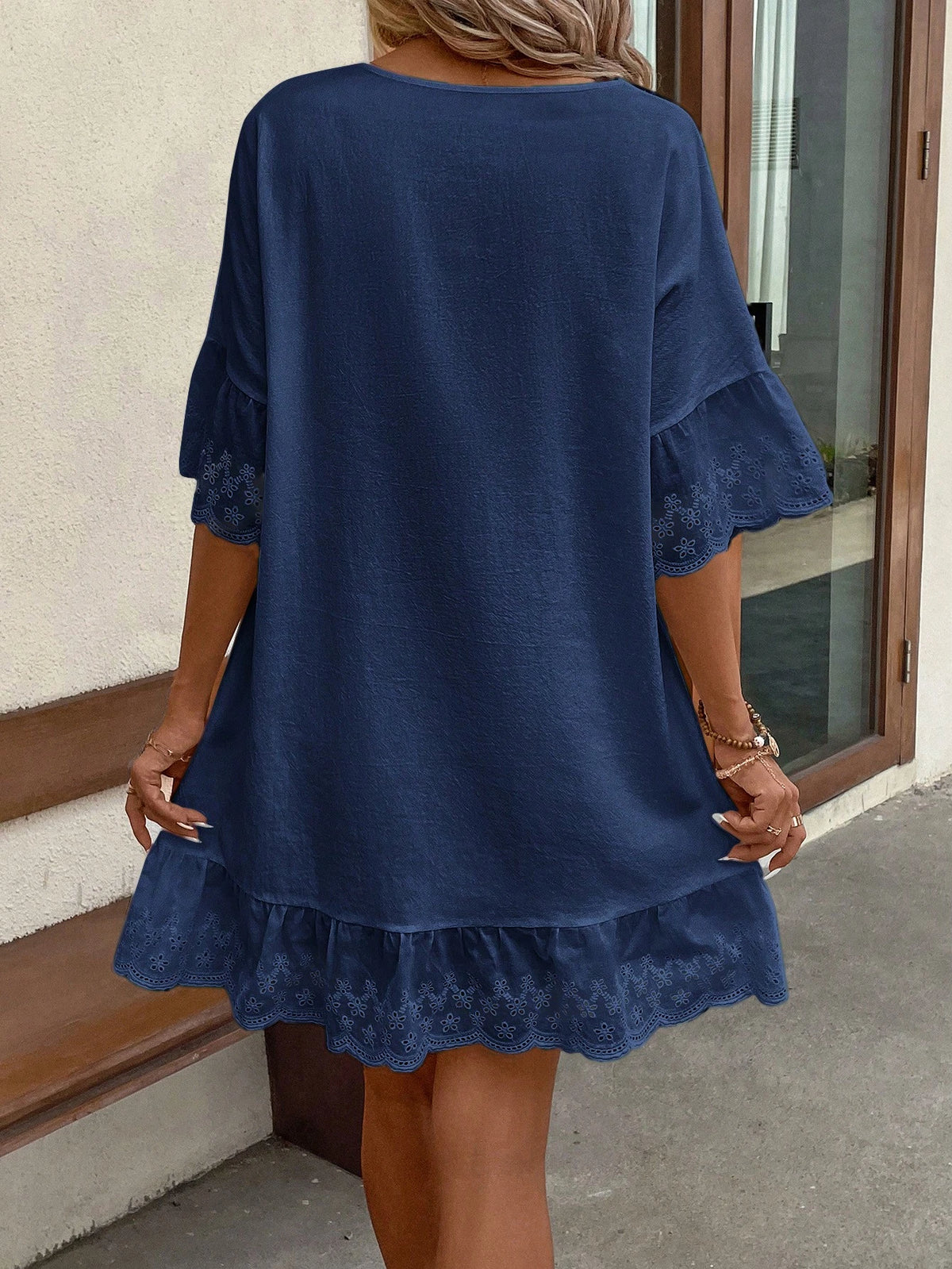 LUNE Lace Splice V-Neck Ruffle Trim Decor Summer Casual Dress, Summer Dresses For Women