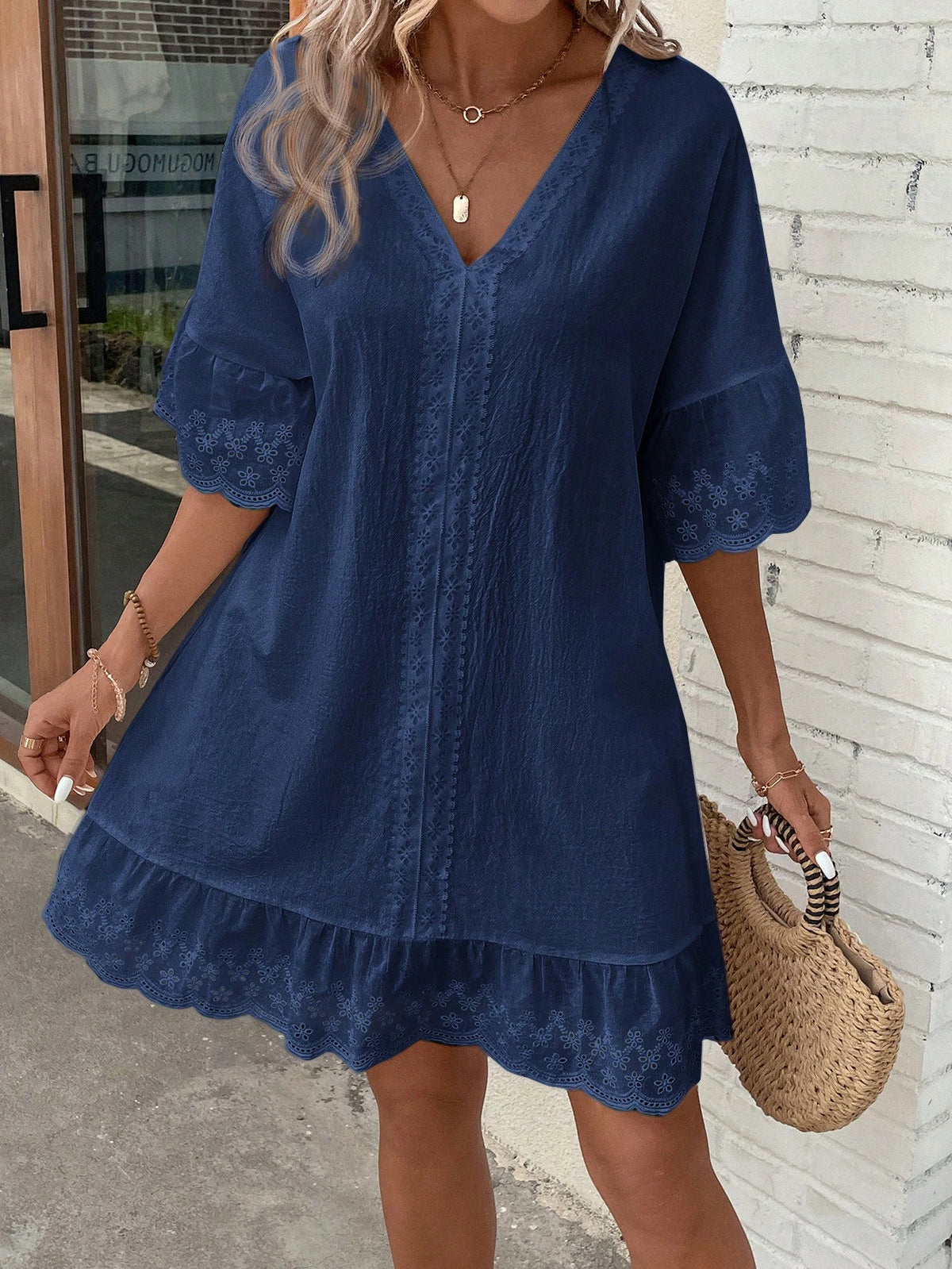 LUNE Lace Splice V-Neck Ruffle Trim Decor Summer Casual Dress, Summer Dresses For Women