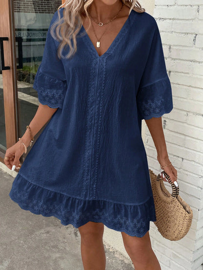 LUNE Lace Splice V-Neck Ruffle Trim Decor Summer Casual Dress, Summer Dresses For Women