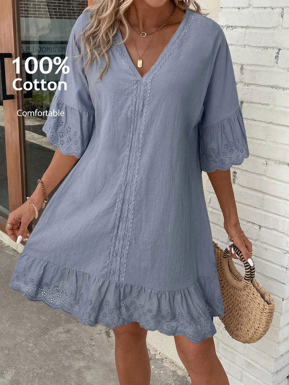 LUNE Lace Splice V-Neck Ruffle Trim Decor Summer Casual Dress, Summer Dresses For Women
