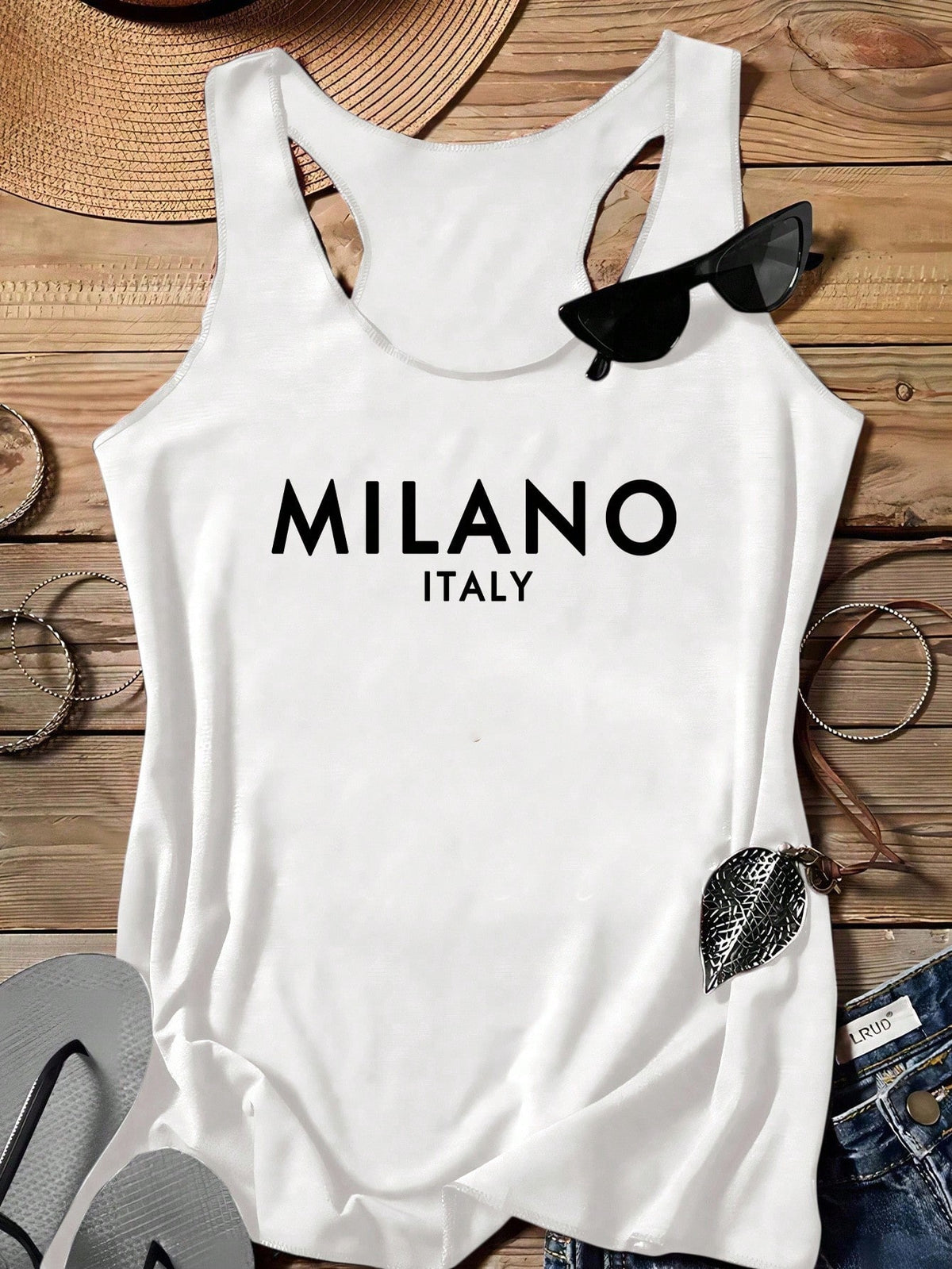 LUNE Milano Women Casual Slogan Graphic Round Neck Tank Top, Suitable For Summer,Casual