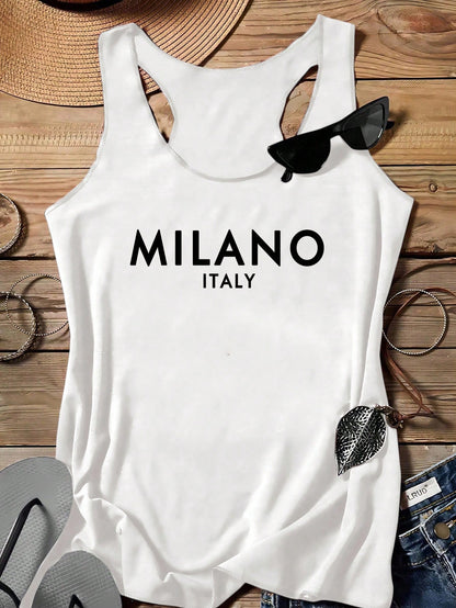 LUNE Milano Women Casual Slogan Graphic Round Neck Tank Top, Suitable For Summer,Casual
