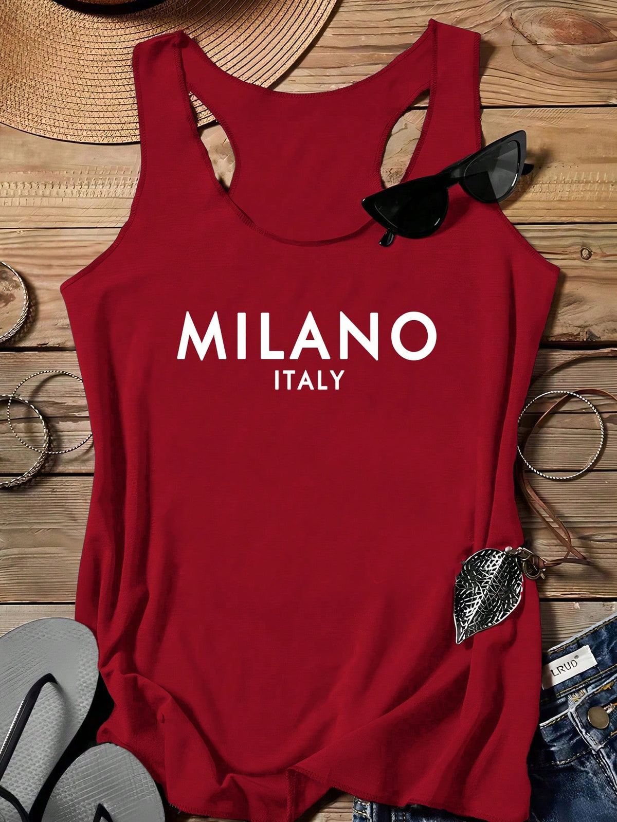 LUNE Milano Women Casual Slogan Graphic Round Neck Tank Top, Suitable For Summer,Casual