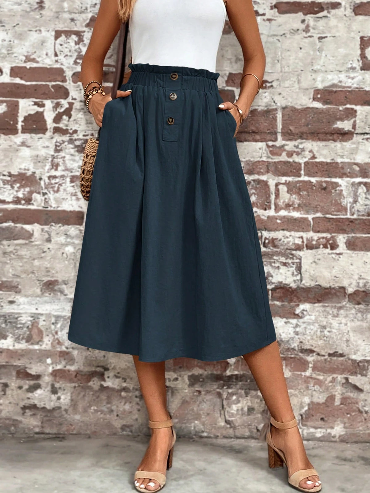 LUNE Paperbag Waist Hidden Pocket Button Detail Skirt,Casual