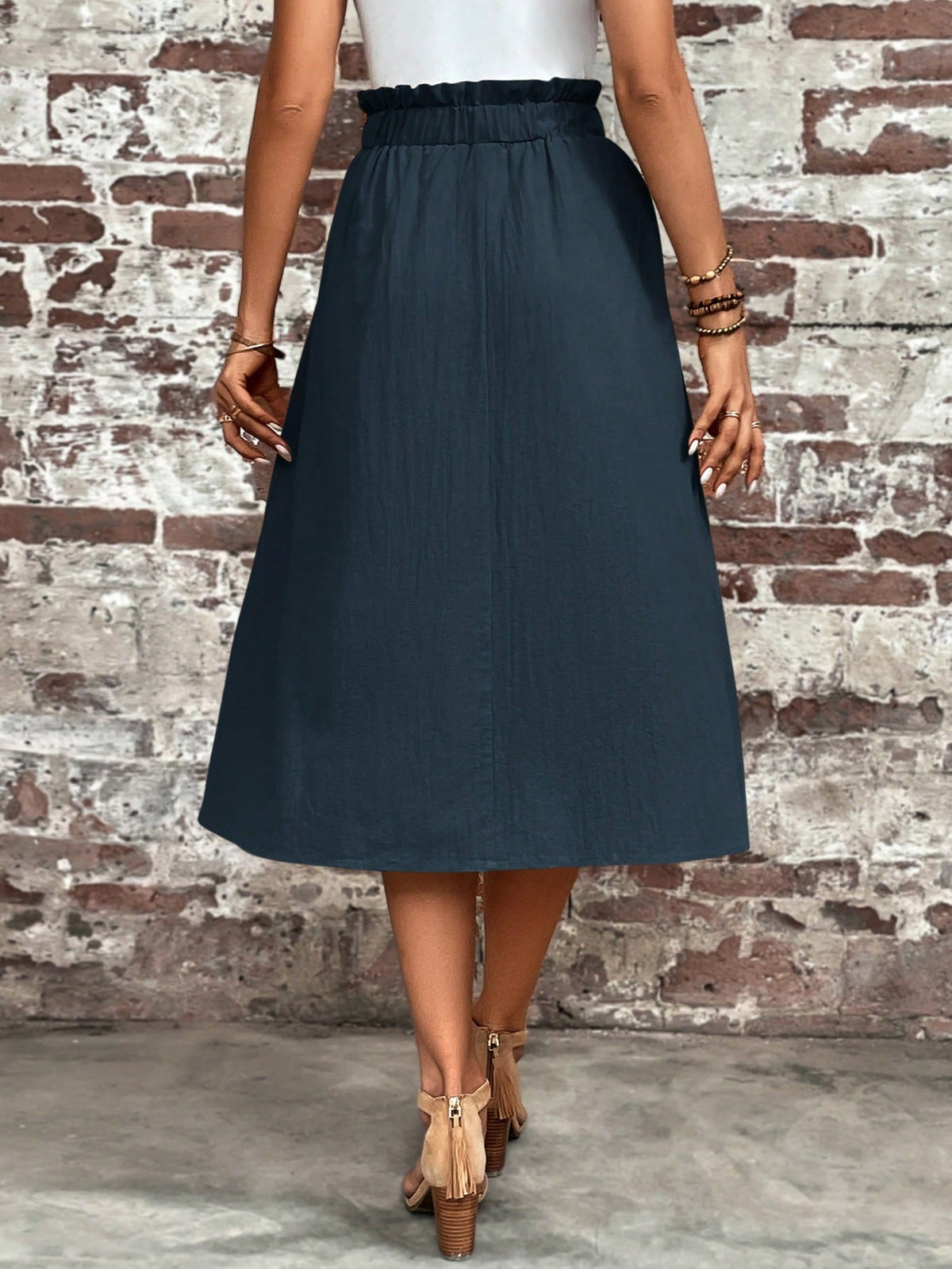 LUNE Paperbag Waist Hidden Pocket Button Detail Skirt,Casual