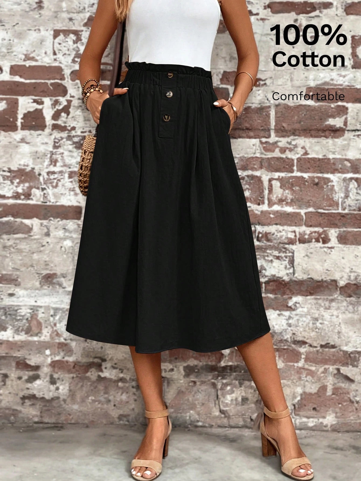LUNE Paperbag Waist Hidden Pocket Button Detail Skirt,Casual