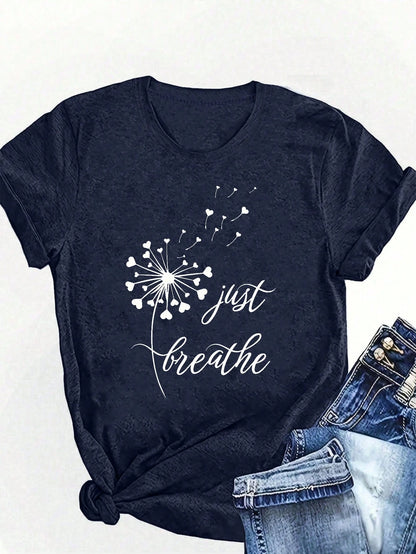 LUNE Plus Size Dandelion Print And Alphabet Print Summer Women's Crew Neck T-Shirt Graphic Tees Women Tops