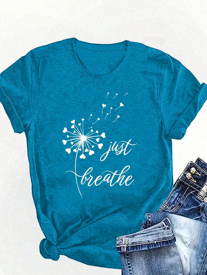 LUNE Plus Size Dandelion Print And Alphabet Print Summer Women's Crew Neck T-Shirt Graphic Tees Women Tops