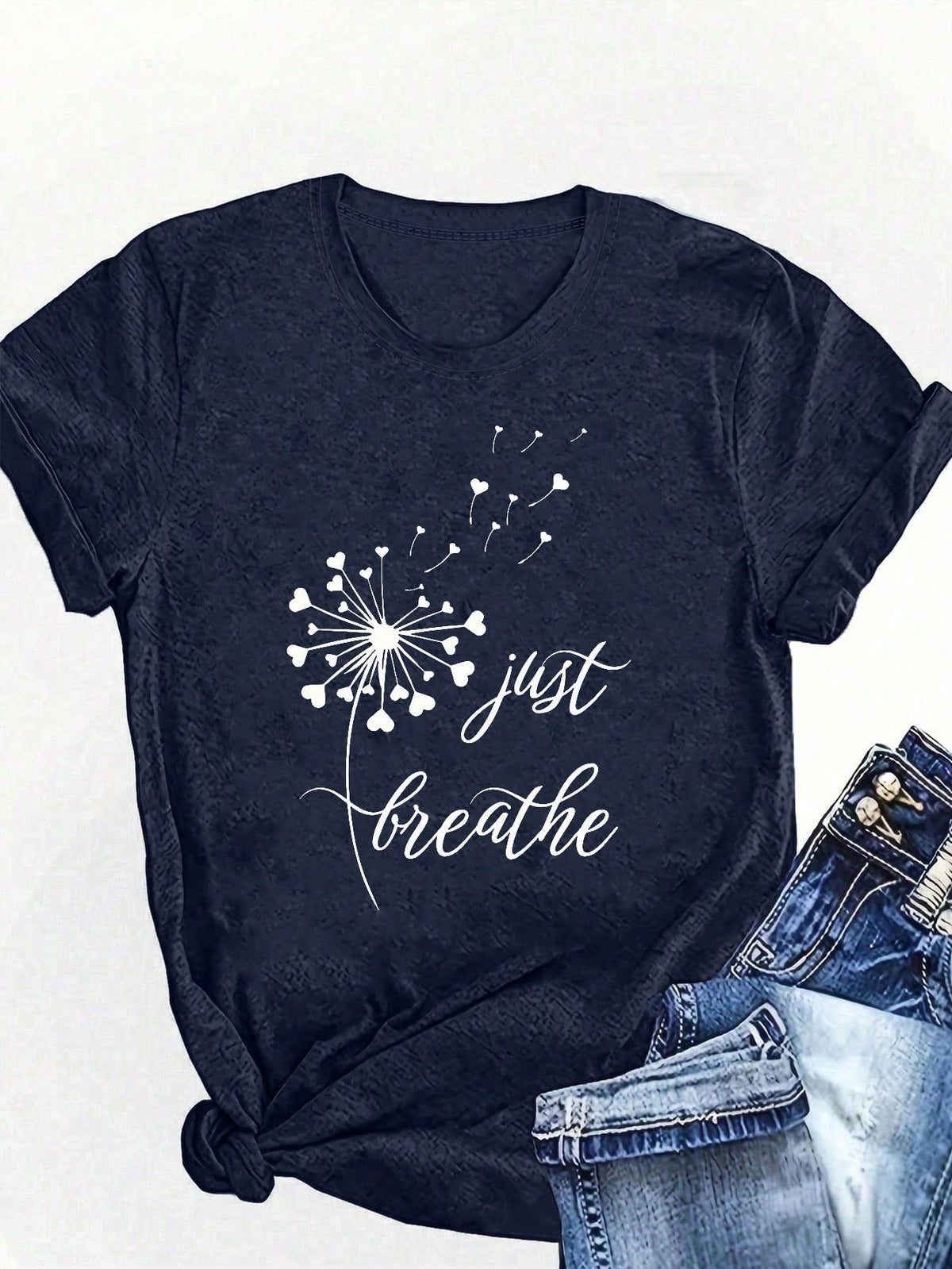 LUNE Plus Size Dandelion Print And Alphabet Print Summer Women's Crew Neck T-Shirt Graphic Tees Women Tops