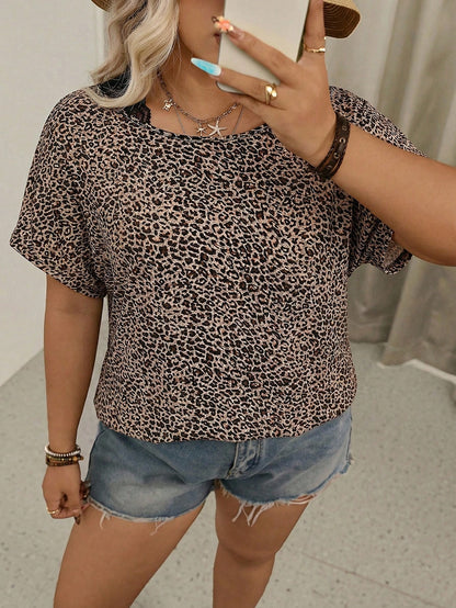 LUNE Plus Size Summer Casual Leopard Print Lace Patchwork Twist Back T-Shirt Festival For Women Festival Top Beach Top Vacation S Women Vacation Top Summer Top For Women Mother's Day Vacation S