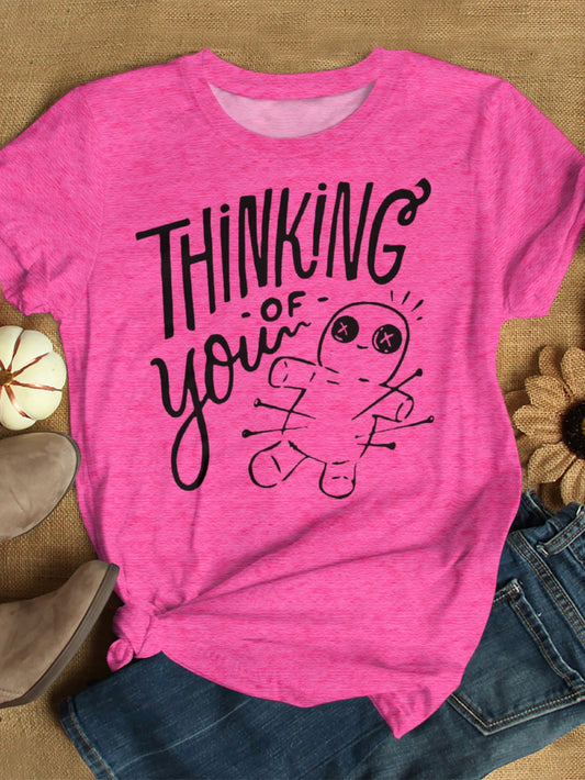 LUNE Plus Size Thinking Of You Voodoo Doll Print T-Shirt,With Pins And Needles Print Graphic Tees Women Tops