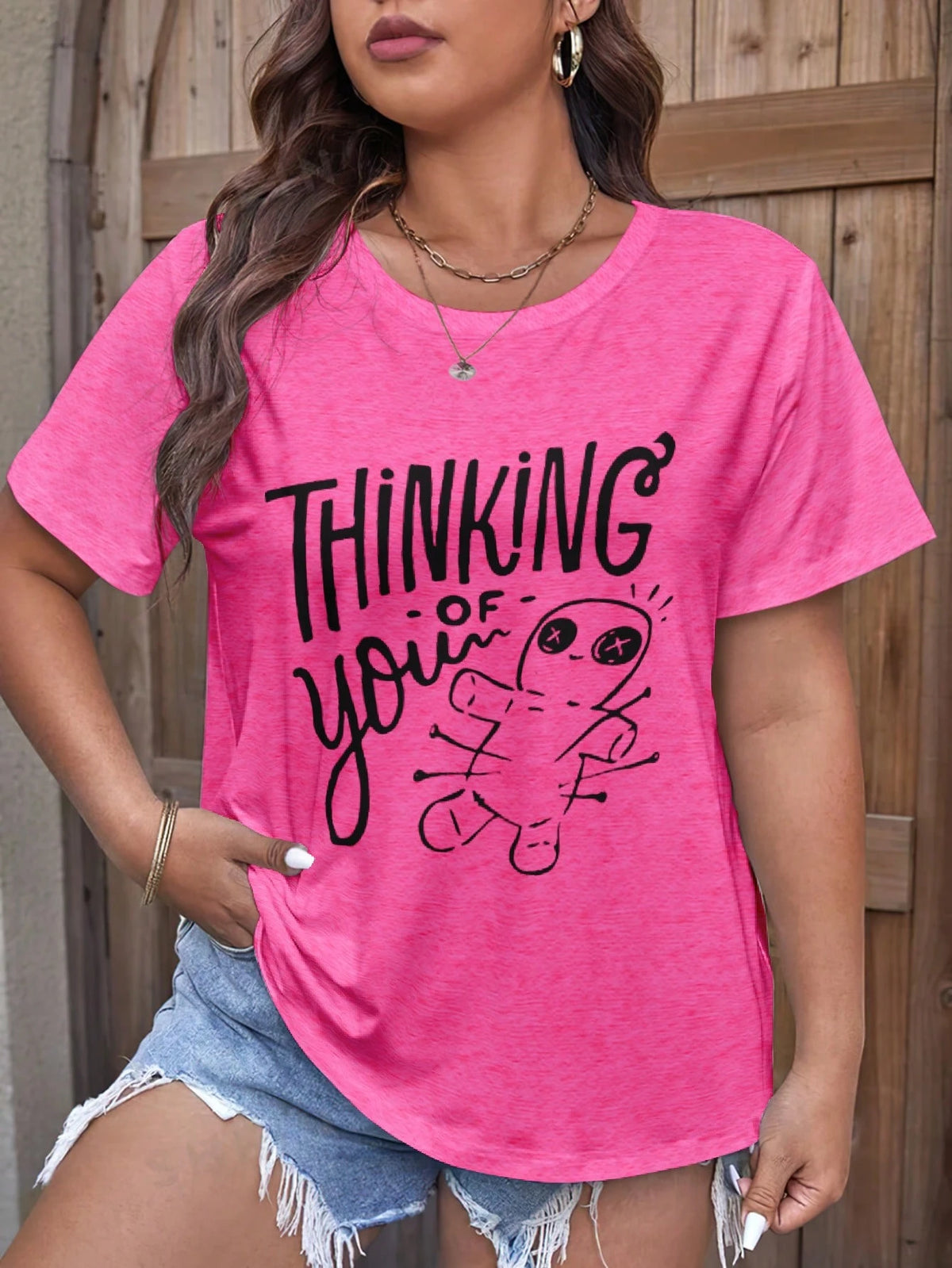 LUNE Plus Size Thinking Of You Voodoo Doll Print T-Shirt,With Pins And Needles Print Graphic Tees Women Tops