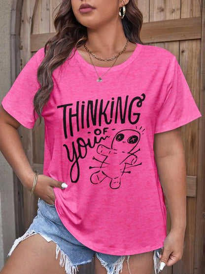 LUNE Plus Size Thinking Of You Voodoo Doll Print T-Shirt,With Pins And Needles Print Graphic Tees Women Tops