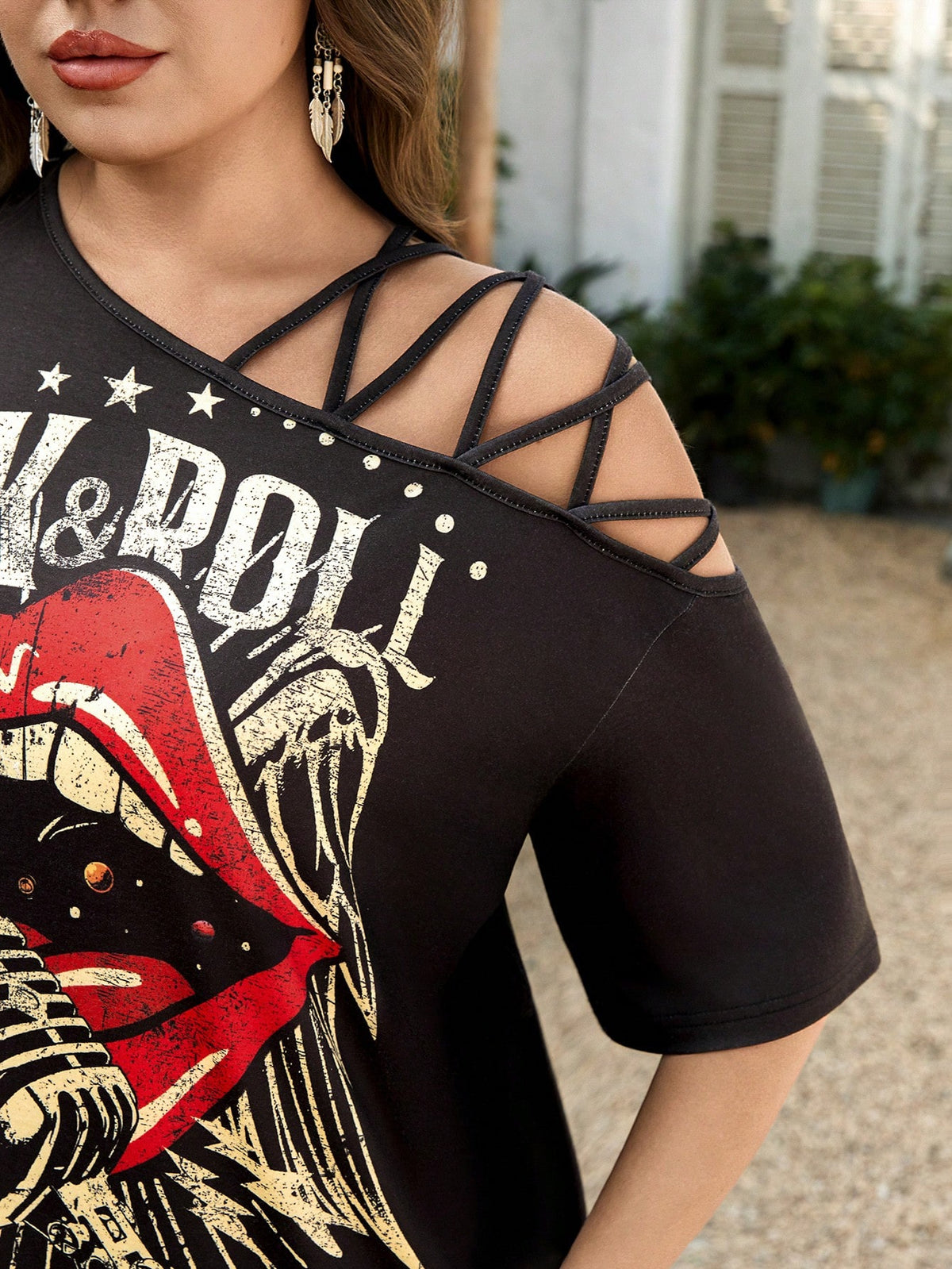 LUNE Plus Size Women's Teal Summer Asymmetrical Shoulder Graphic T-Shirt,Rock Music Festival Concert Band Tee,Rave,Casual Grunge Rock And Roll Black Top