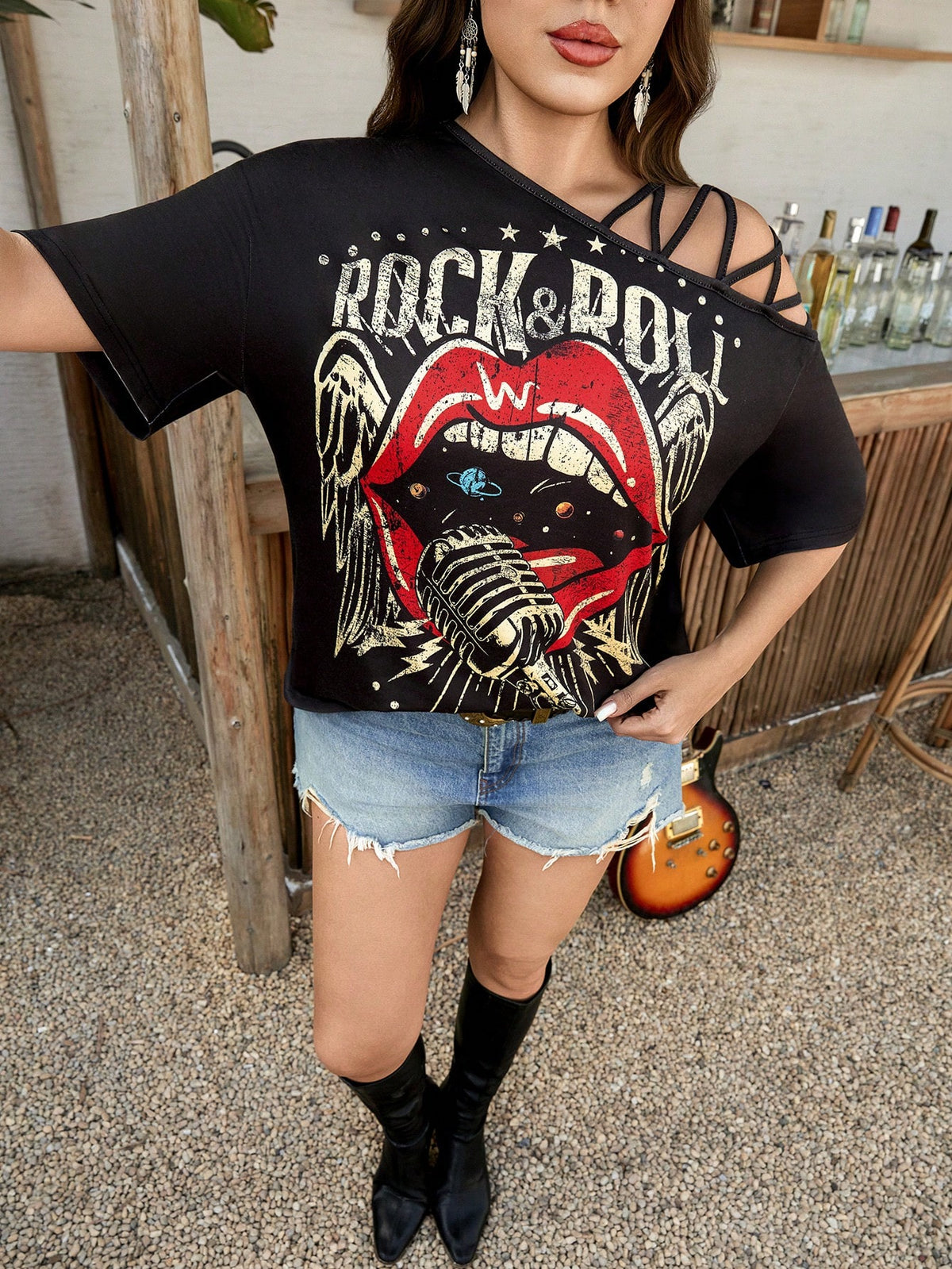 LUNE Plus Size Women's Teal Summer Asymmetrical Shoulder Graphic T-Shirt,Rock Music Festival Concert Band Tee,Rave,Casual Grunge Rock And Roll Black Top