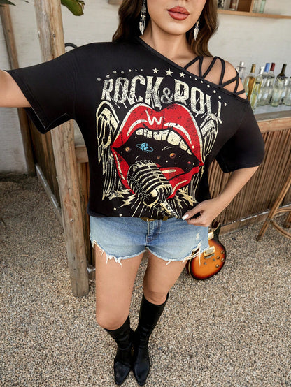 LUNE Plus Size Women's Teal Summer Asymmetrical Shoulder Graphic T-Shirt,Rock Music Festival Concert Band Tee,Rave,Casual Grunge Rock And Roll Black Top