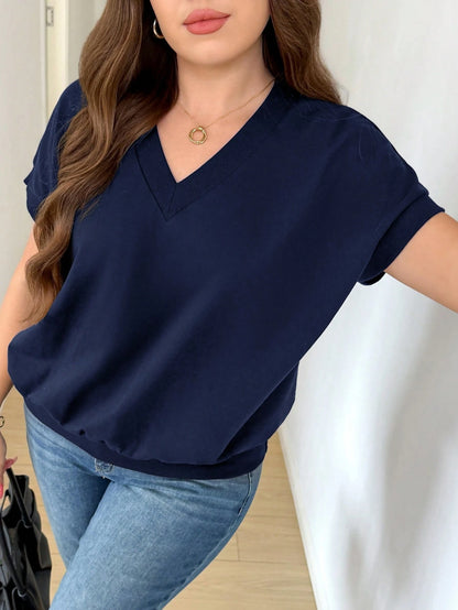 LUNE Plus Size Women V-Neck Batwing Short Sleeve Casual Top