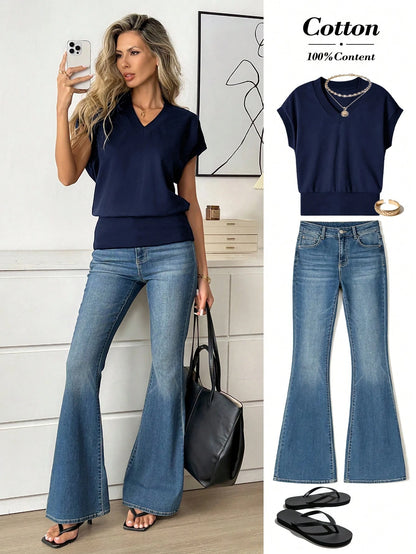 LUNE Plus Size Women V-Neck Batwing Short Sleeve Casual Top