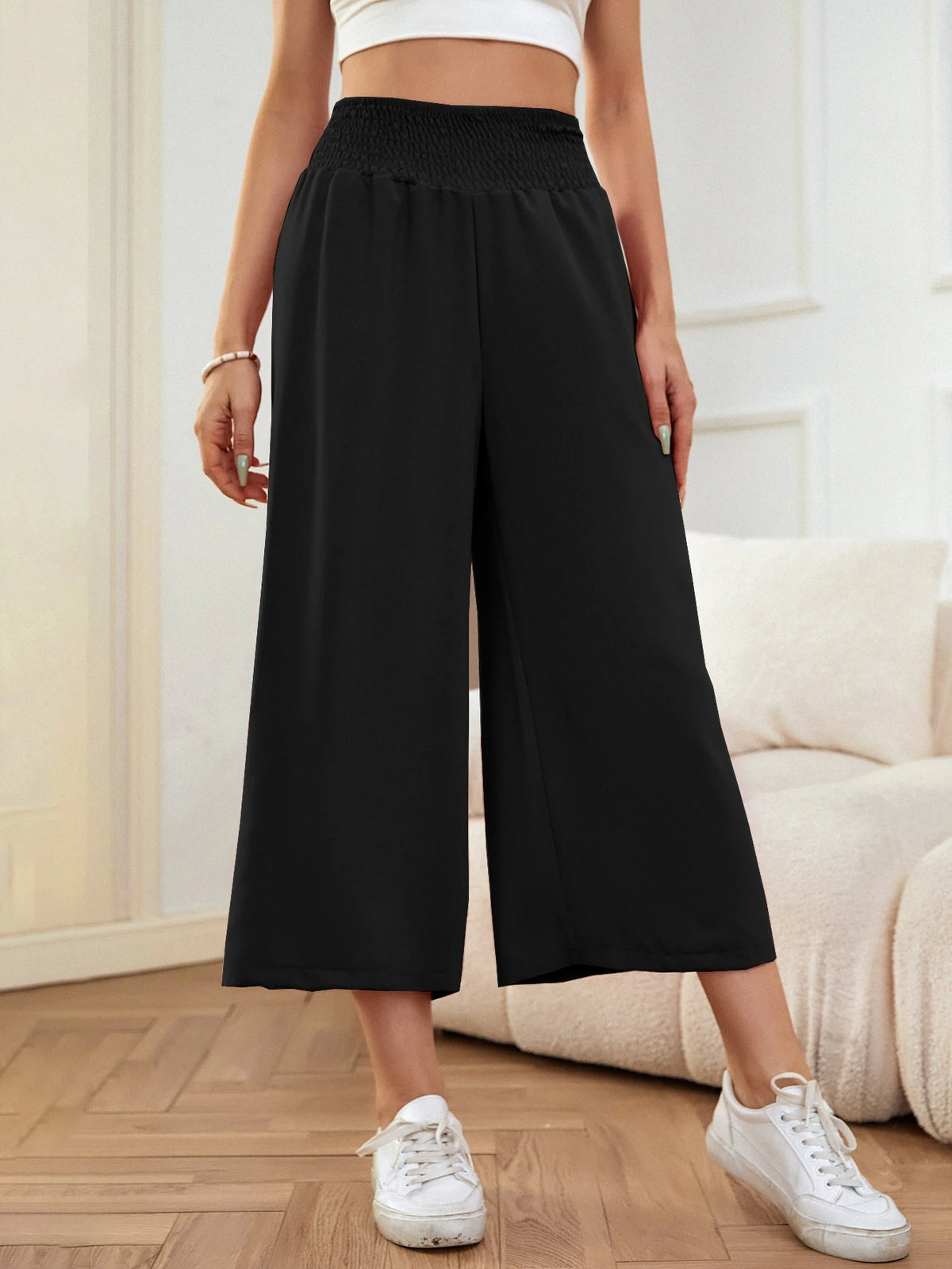 LUNE Solid Cropped Wide Leg Pants