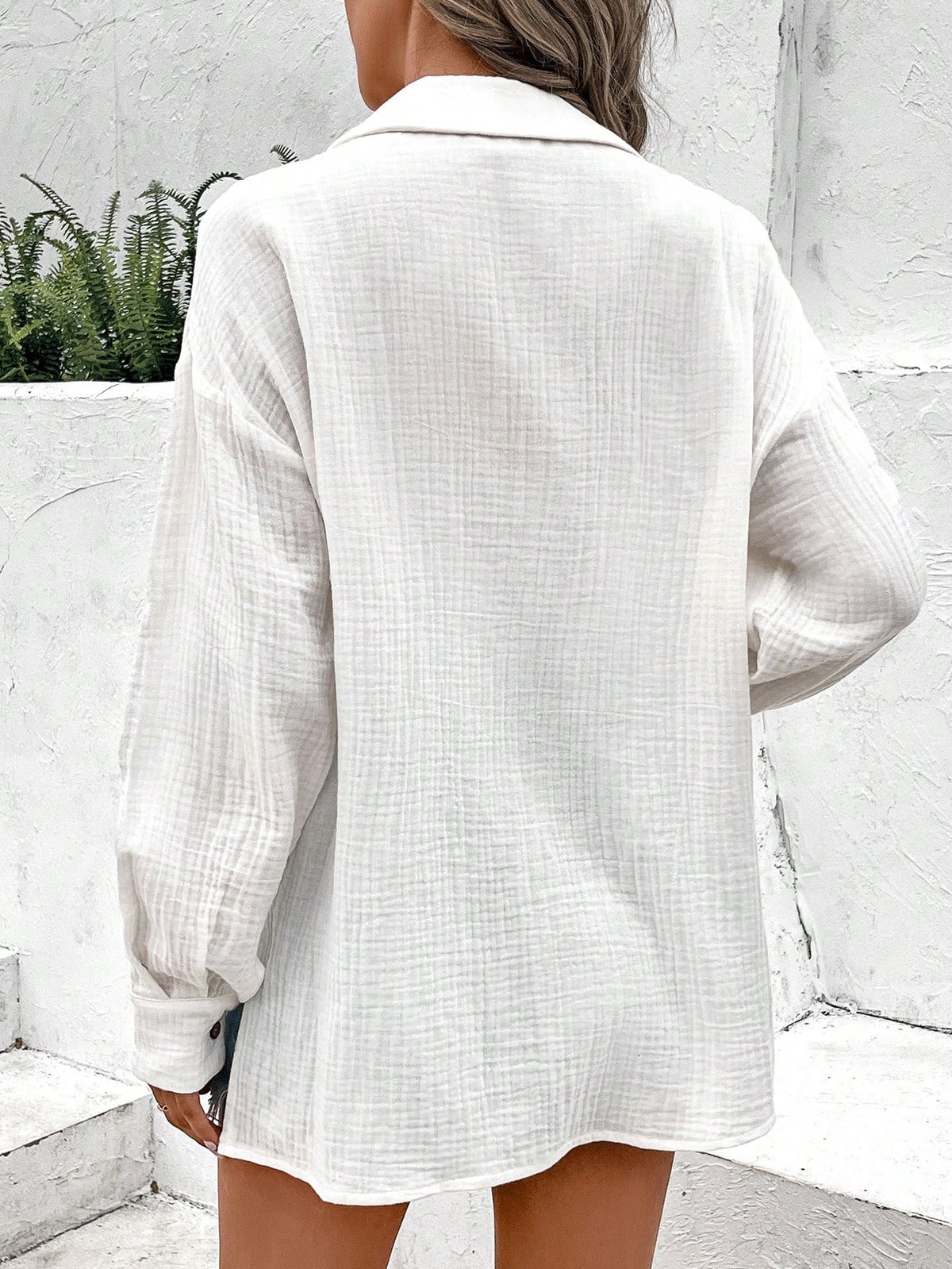 LUNE Solid Drop Shoulder Button Front Shirt,Long Sleeve Tops Fall Cloth For Women