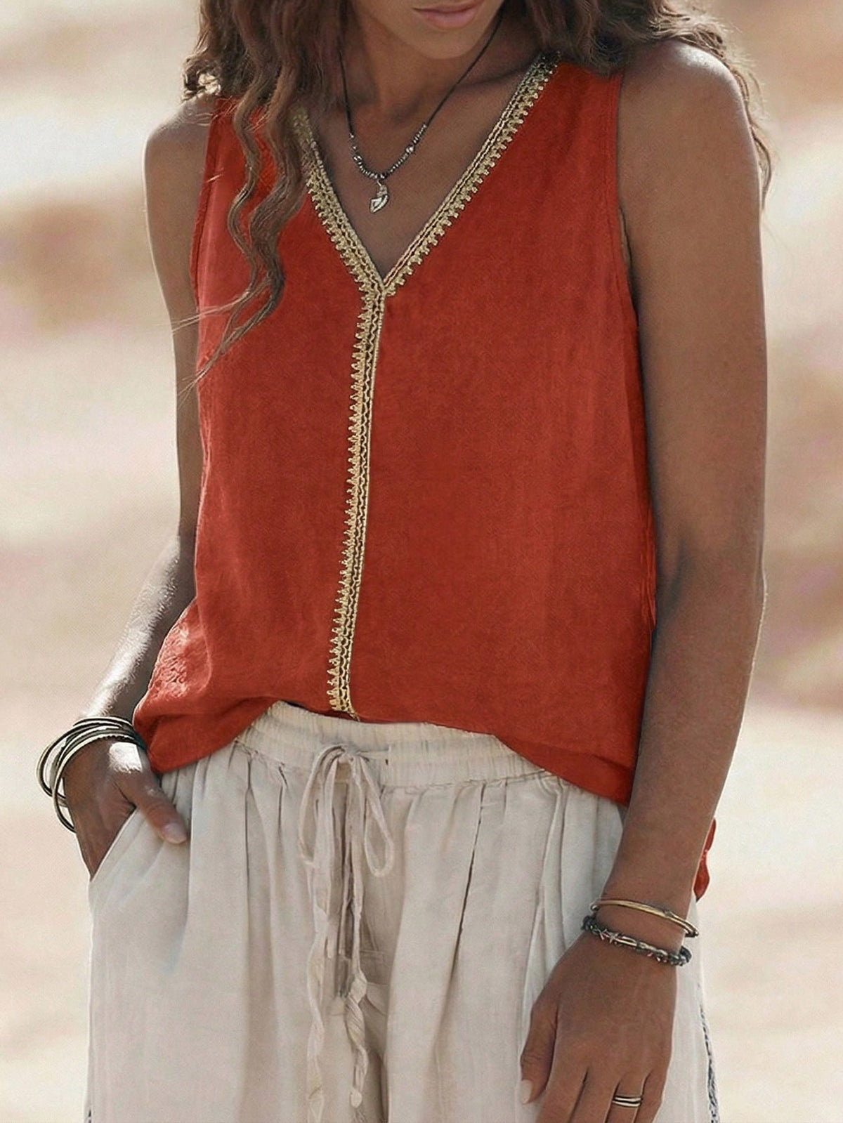 LUNE V-Neck Casual Comfortable Vacation Countryside Relaxed Soft Texture Women Vest Top