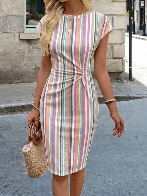LUNE Women's Casual Beige Vacation Twist Pattern Print Fitted Dress, Elegant Women's Dress, Casual Style Vacation Summer