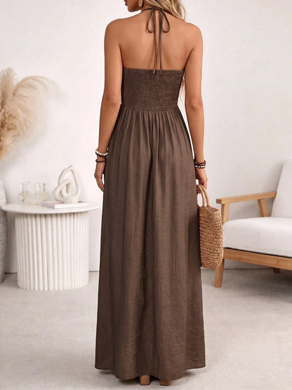 LUNE Women's Coffee Brown Linen Blend Spaghetti Strap Tie Bow Front Ruffle Shirred A-Line Maxi Dress,Summer Casual Tropical None, Sundress Beach Vacation