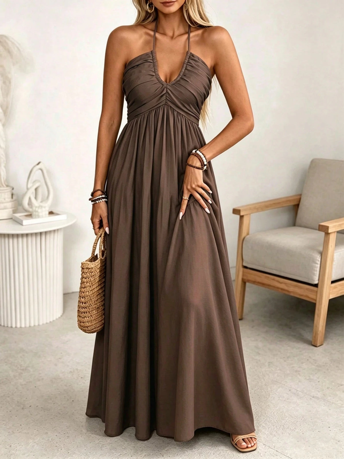LUNE Women's Coffee Brown Linen Blend Spaghetti Strap Tie Bow Front Ruffle Shirred A-Line Maxi Dress,Summer Casual Tropical None, Sundress Beach Vacation