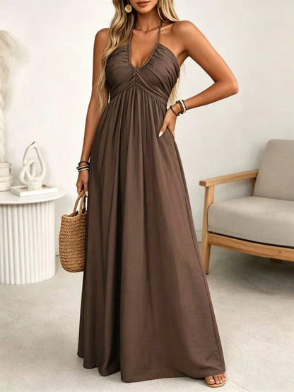 LUNE Women's Coffee Brown Linen Blend Spaghetti Strap Tie Bow Front Ruffle Shirred A-Line Maxi Dress,Summer Casual Tropical None, Sundress Beach Vacation