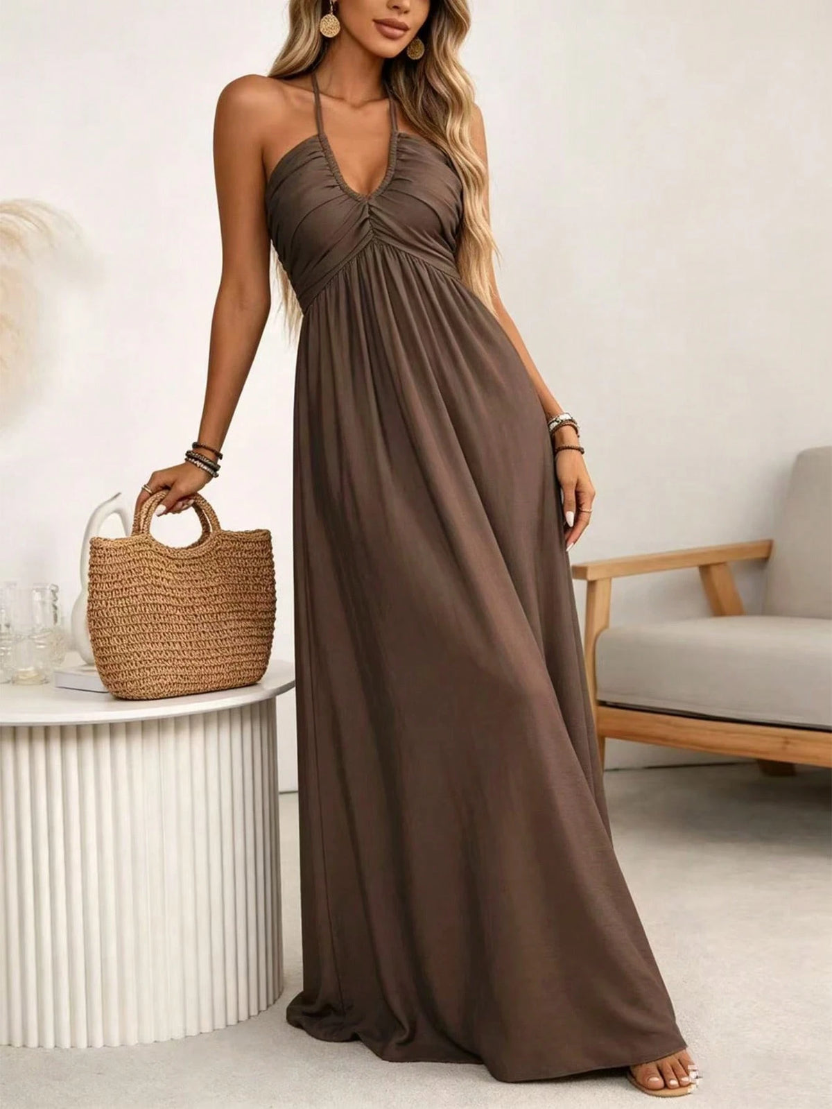 LUNE Women's Coffee Brown Linen Blend Spaghetti Strap Tie Bow Front Ruffle Shirred A-Line Maxi Dress,Summer Casual Tropical None, Sundress Beach Vacation
