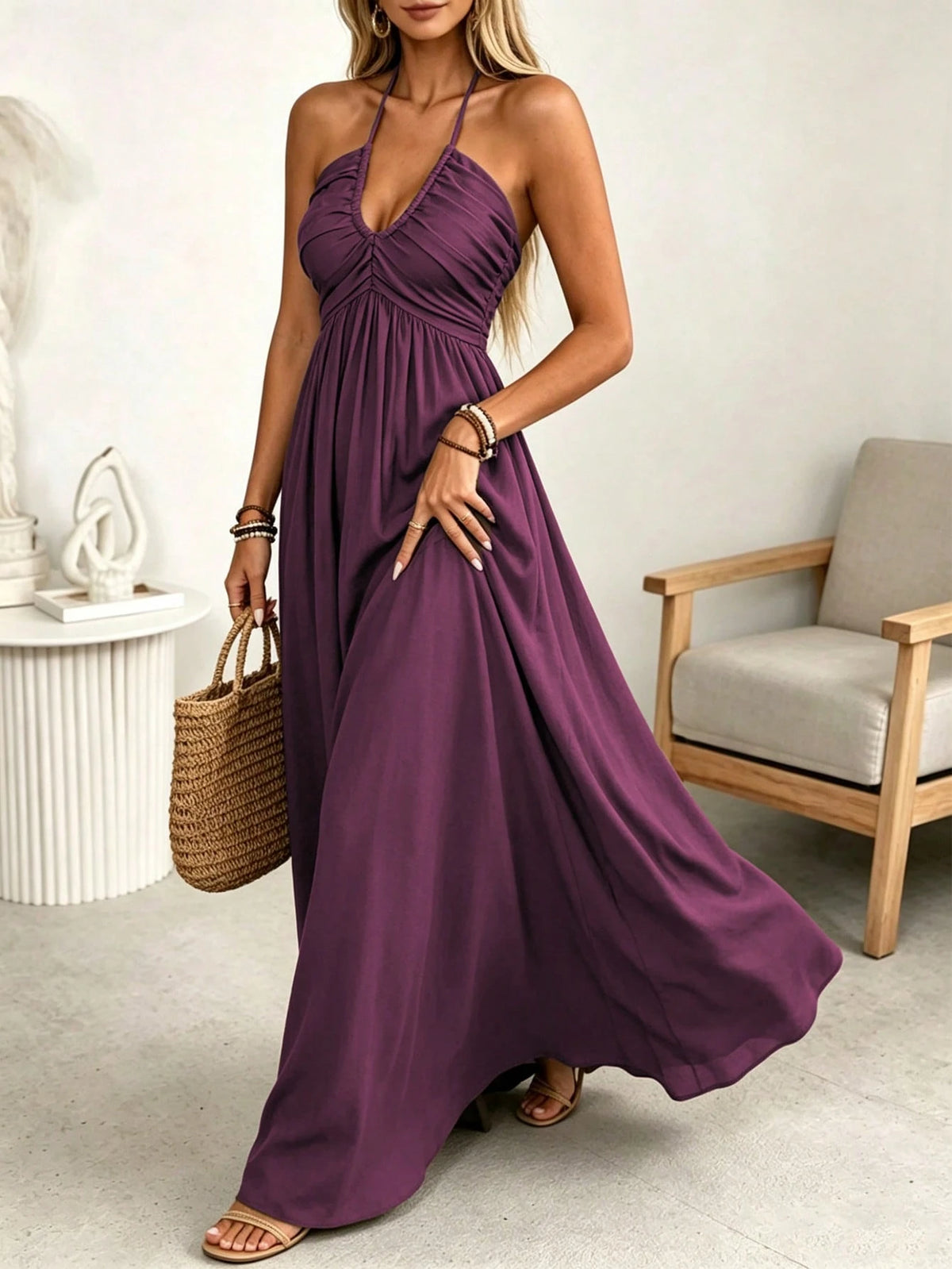 LUNE Women's Coffee Brown Linen Blend Spaghetti Strap Tie Bow Front Ruffle Shirred A-Line Maxi Dress,Summer Casual Tropical None, Sundress Beach Vacation