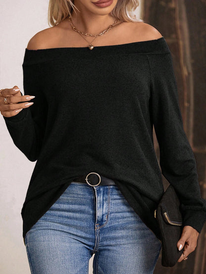 LUNE Women's Off-Shoulder Long Sleeve Loose T-Shirt, Fashionable Casual Fall