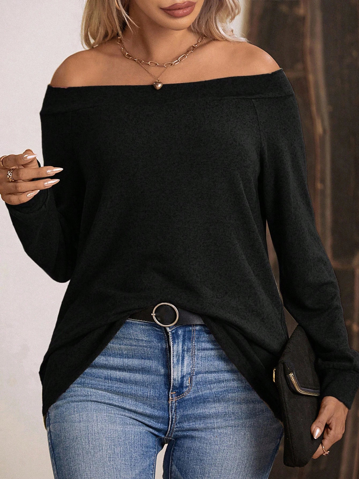 LUNE Women's Off-Shoulder Long Sleeve Loose T-Shirt, Fashionable Casual Fall