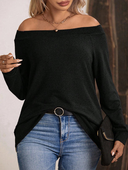 LUNE Women's Off-Shoulder Long Sleeve Loose T-Shirt, Fashionable Casual Fall