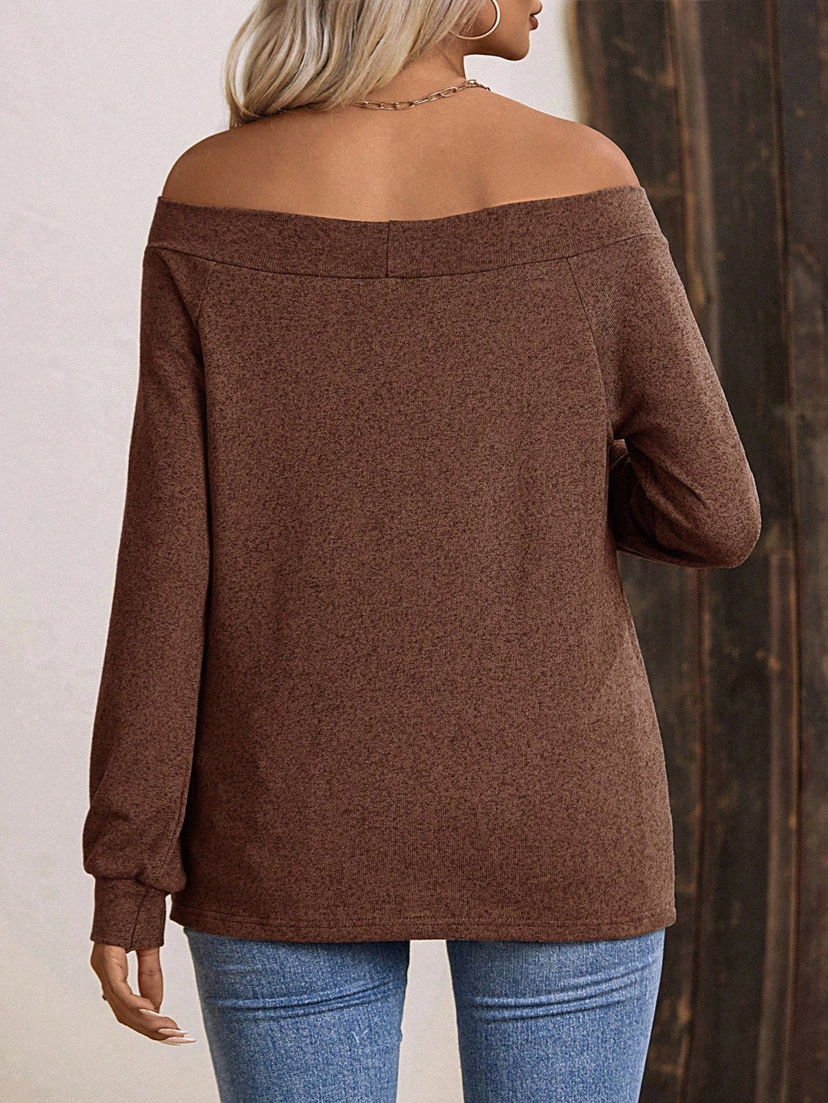 LUNE Women's Off-Shoulder Long Sleeve Loose T-Shirt, Fashionable Casual Fall
