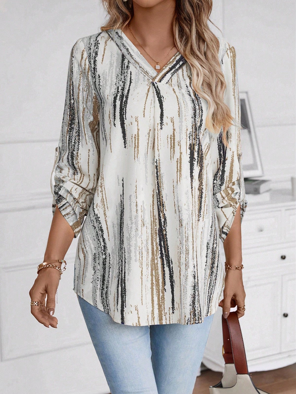 LUNE Women's Printed Rolled-Up Sleeve Shirt With Curved Hem Casual Women Blouses Teacher Shirts Work Women Blouses Fall Women Shirts