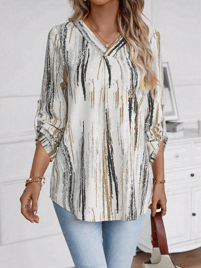 LUNE Women's Printed Rolled-Up Sleeve Shirt With Curved Hem Casual Women Blouses Teacher Shirts Work Women Blouses Fall Women Shirts