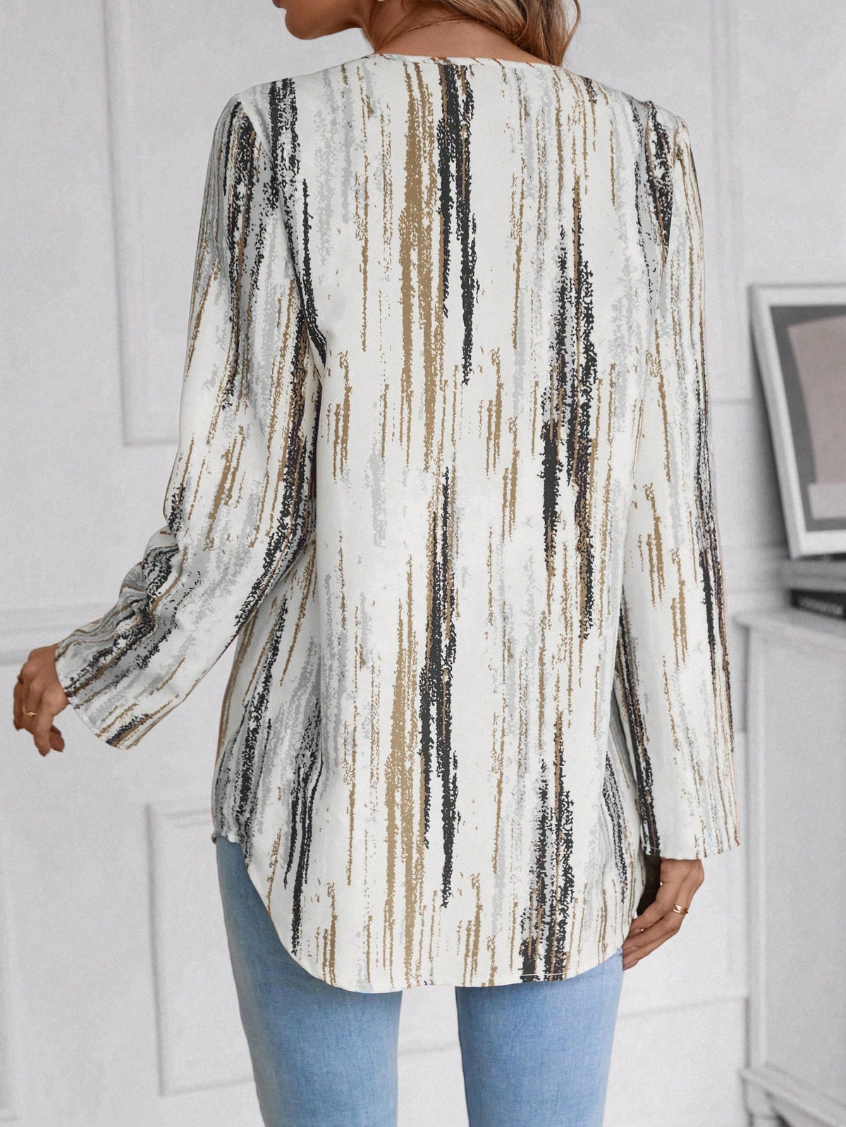LUNE Women's Printed Rolled-Up Sleeve Shirt With Curved Hem Casual Women Blouses Teacher Shirts Work Women Blouses Fall Women Shirts