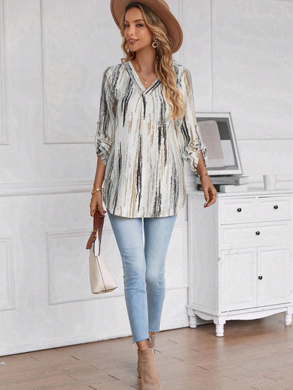 LUNE Women's Printed Rolled-Up Sleeve Shirt With Curved Hem Casual Women Blouses Teacher Shirts Work Women Blouses Fall Women Shirts