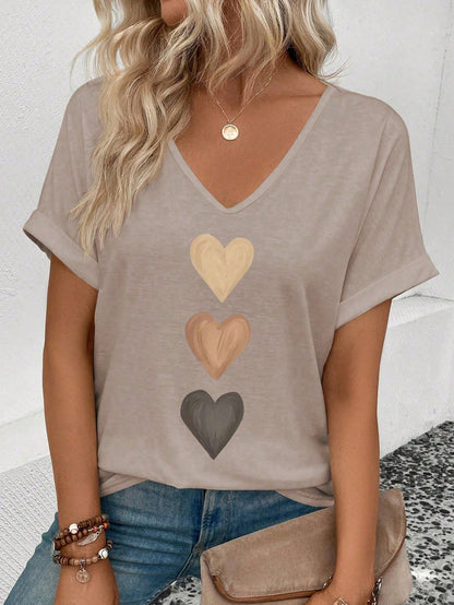 LUNE Women's V-Neck Flared Cuff, Ombre Heart Print Pattern Casual Versatile T-Shirt, Spring/Summer