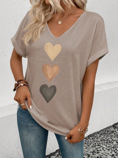 LUNE Women's V-Neck Flared Cuff, Ombre Heart Print Pattern Casual Versatile T-Shirt, Spring/Summer