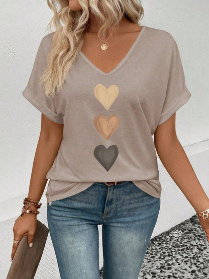 LUNE Women's V-Neck Flared Cuff, Ombre Heart Print Pattern Casual Versatile T-Shirt, Spring/Summer