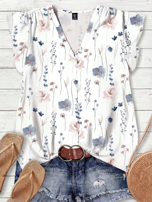 LUNE Women's Watercolor Floral Casual Boho Shirt, Minimalist Style Suitable For Summer Suitable For Going Out Vacation Chic Blouses For Women White Floral