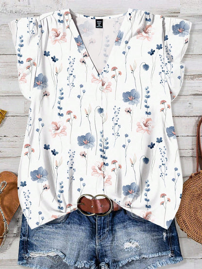 LUNE Women's Watercolor Floral Casual Boho Shirt, Minimalist Style Suitable For Summer Suitable For Going Out Vacation Chic Blouses For Women White Floral