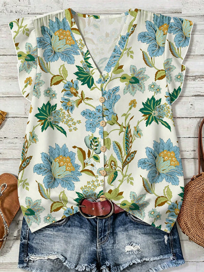 LUNE Women's Watercolor Floral Casual Boho Shirt, Minimalist Style Suitable For Summer Suitable For Going Out Vacation Chic Blouses For Women White Floral