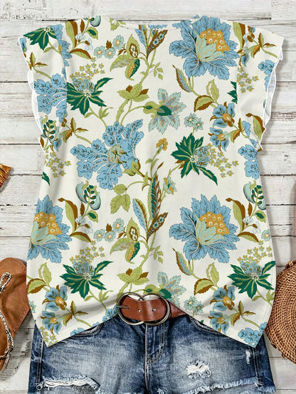 LUNE Women's Watercolor Floral Casual Boho Shirt, Minimalist Style Suitable For Summer Suitable For Going Out Vacation Chic Blouses For Women White Floral