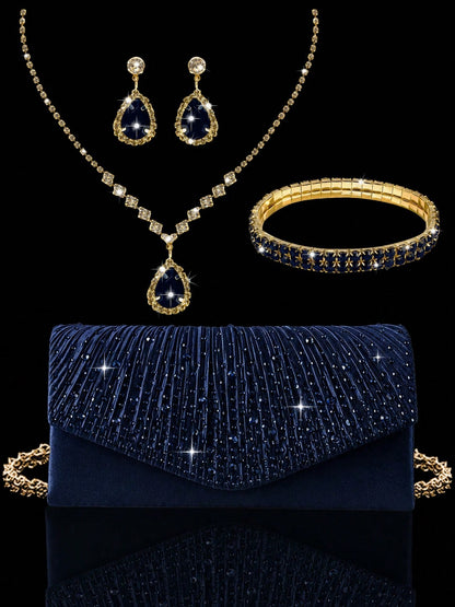 Luxury Rhinestone Women's Clutch Envelope Bag, Shiny Pleated Evening Bag Party Bag, Paired With Shiny Rhinestone Jewelry 3 Pieces Set, Rhinestone Pendant Necklace, Earrings, Bracelet, Suitable For Par